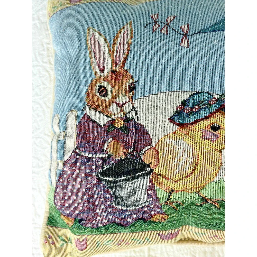 Vintage Tapestry Easter Pillow Rabbits Chicks Farm Scene Needlepoint Style Decor